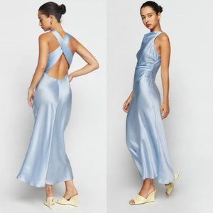 NWT Reformation Casette Midi Silk Dress Sz 10 Blue Horizon Open Back Cut-out